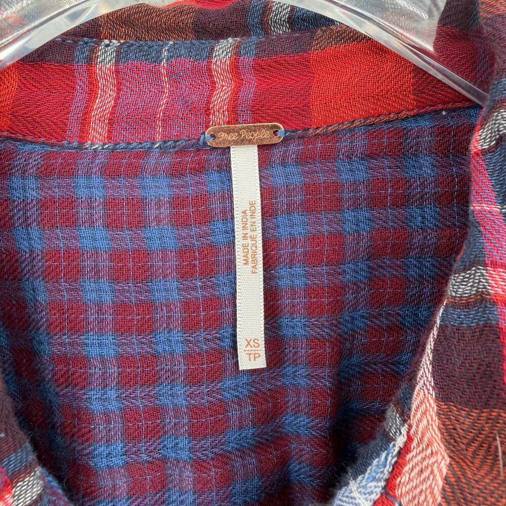 Free People One of the Guys Flannel Plaid Cotton Red White Blue Long Sleeve Top - Picture 12 of 13